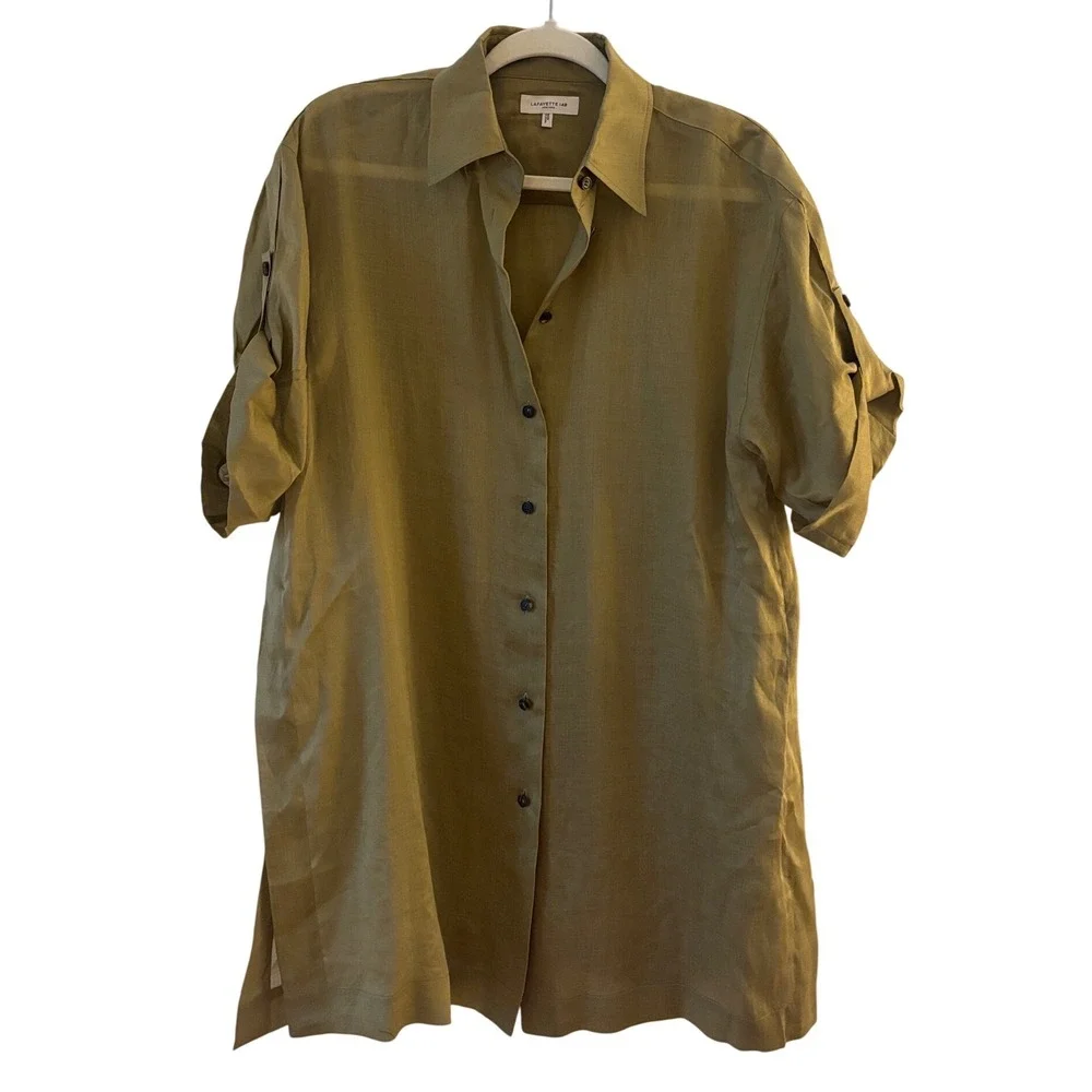 Lafayette 148 New York Ramie Tencel Button Down Shirt Olive Green Roll Tab Small - Picture 2 of 5